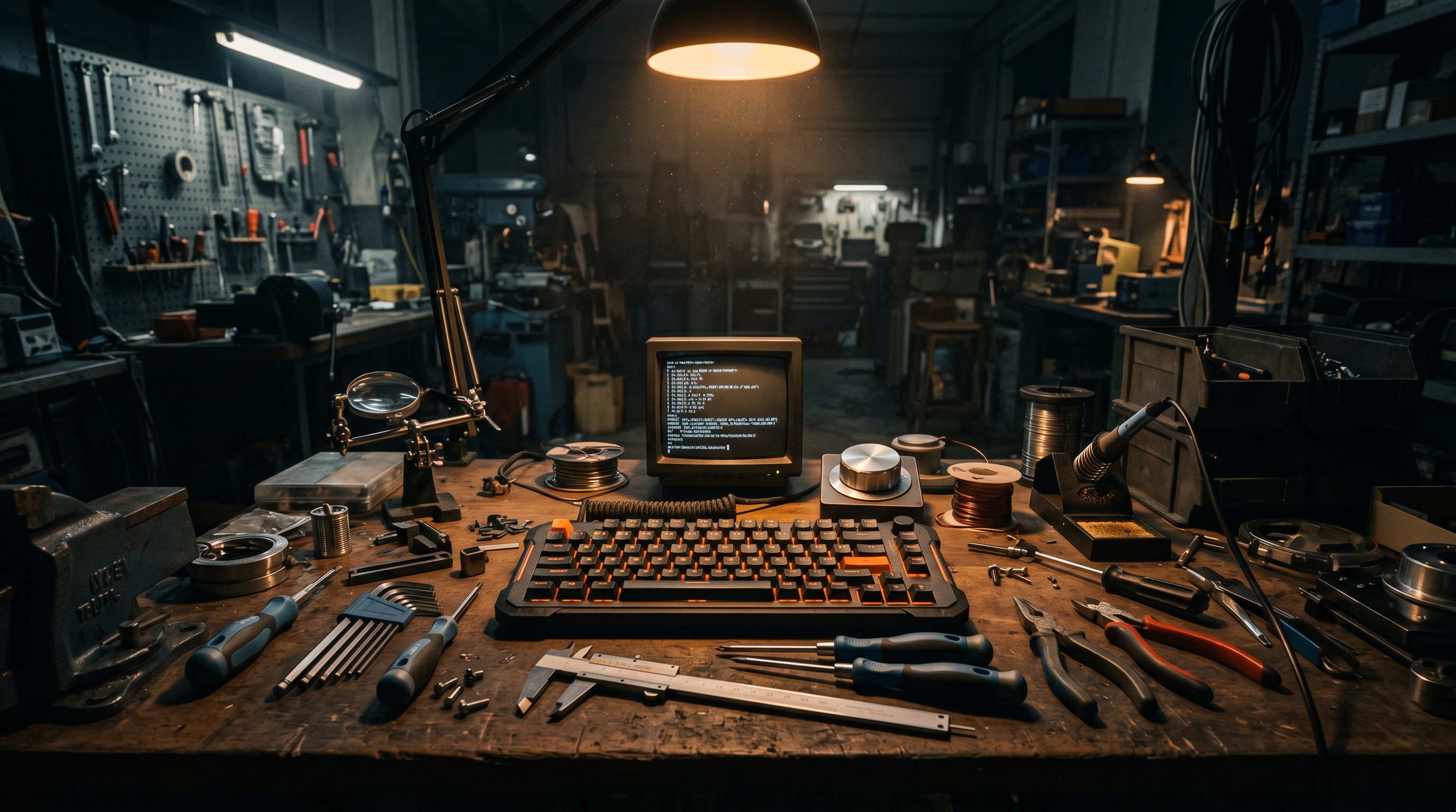 Wide workshop bench shot — precision tools, mechanical keyboard with safety-orange WASD keycaps, terminal monitor casting amber spotlight