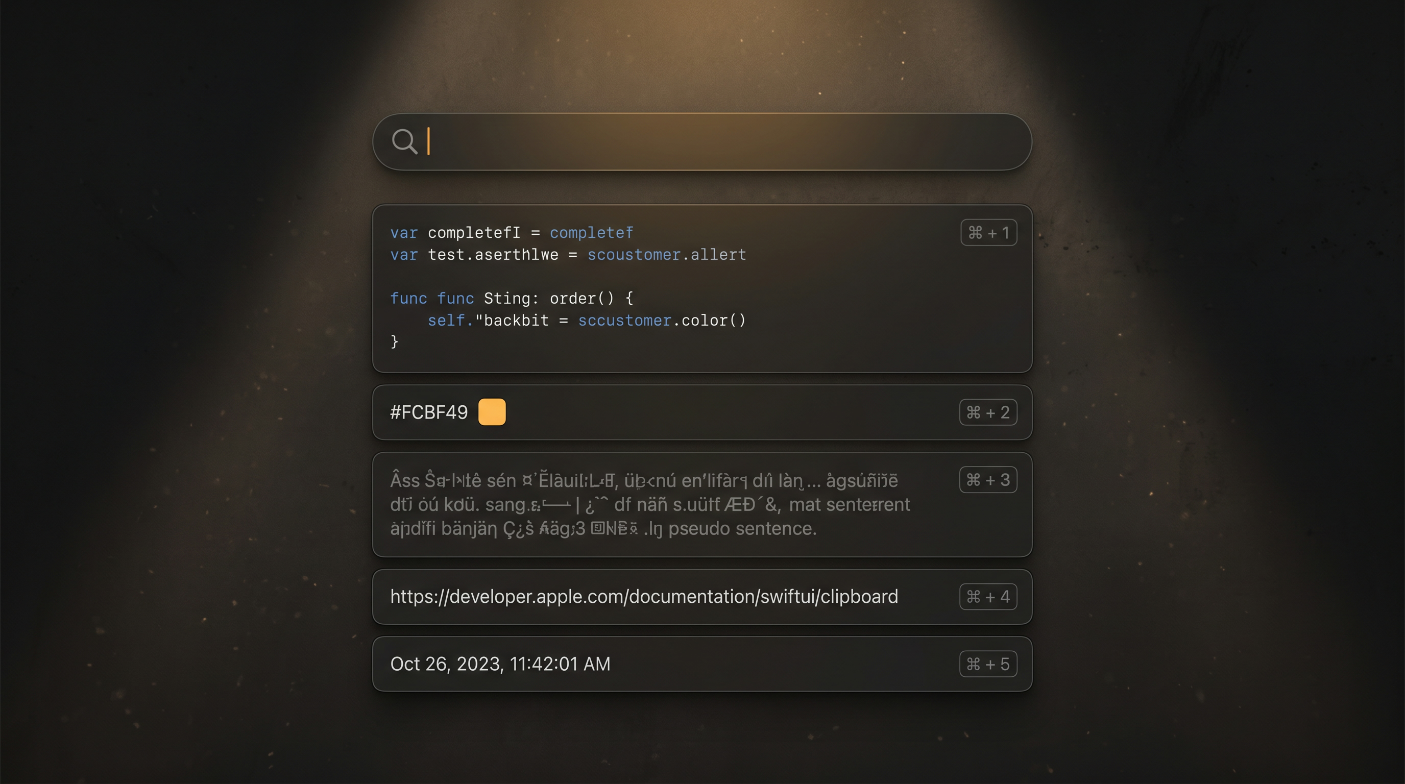 QuickPick UI mockup — dark spotlight-style clipboard manager with safety-orange caret search bar and five clipboard item cards with command-number hint chips