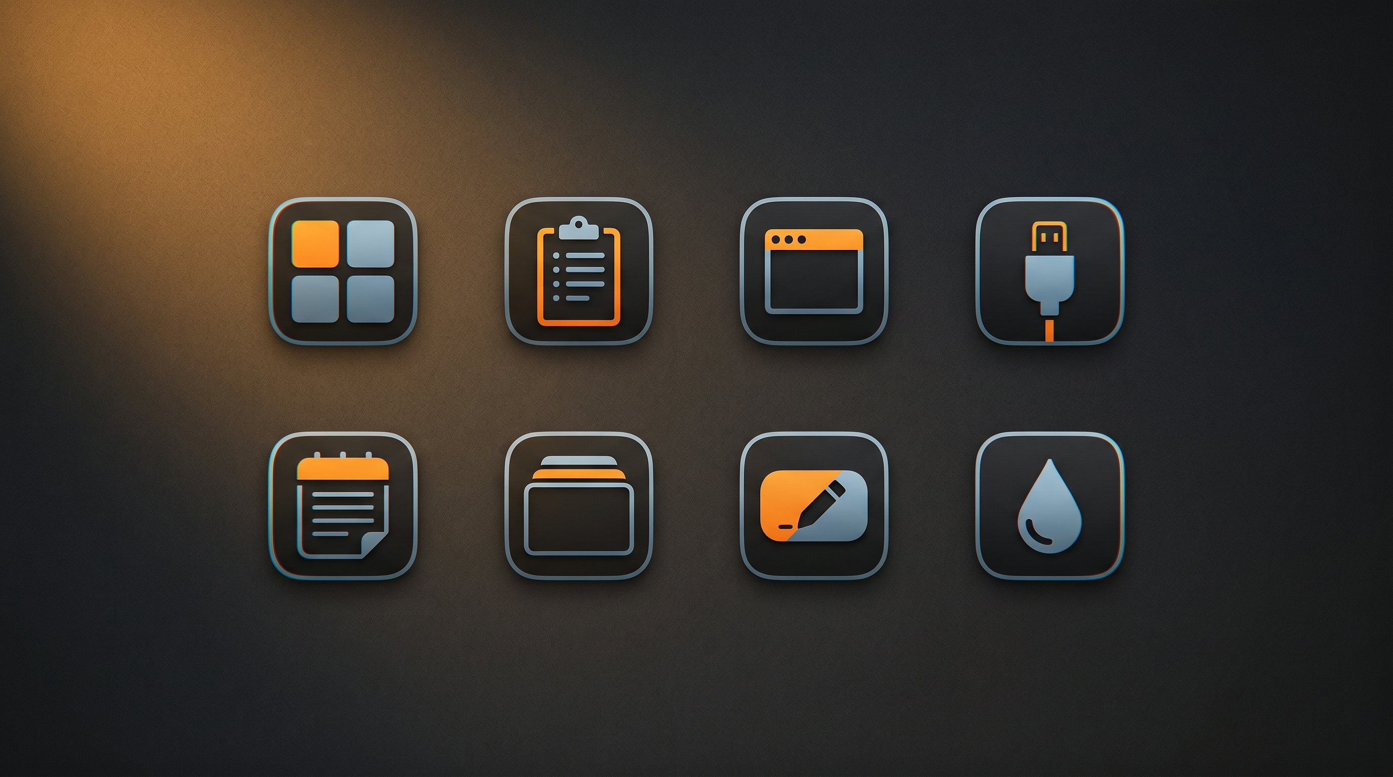 Gallery of eight Desktop Tools icons — rounded utility app glyphs in safety-orange and steel-blue on a dark industrial backdrop