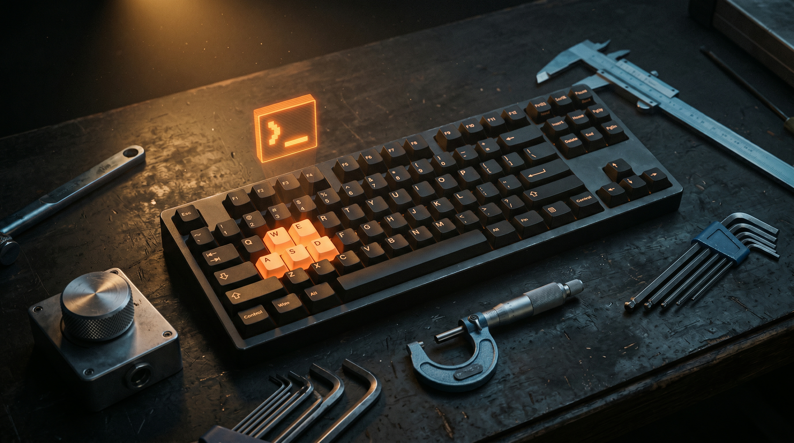 Desktop Tools — precision engineer's workshop with backlit mechanical keyboard and steel instruments
